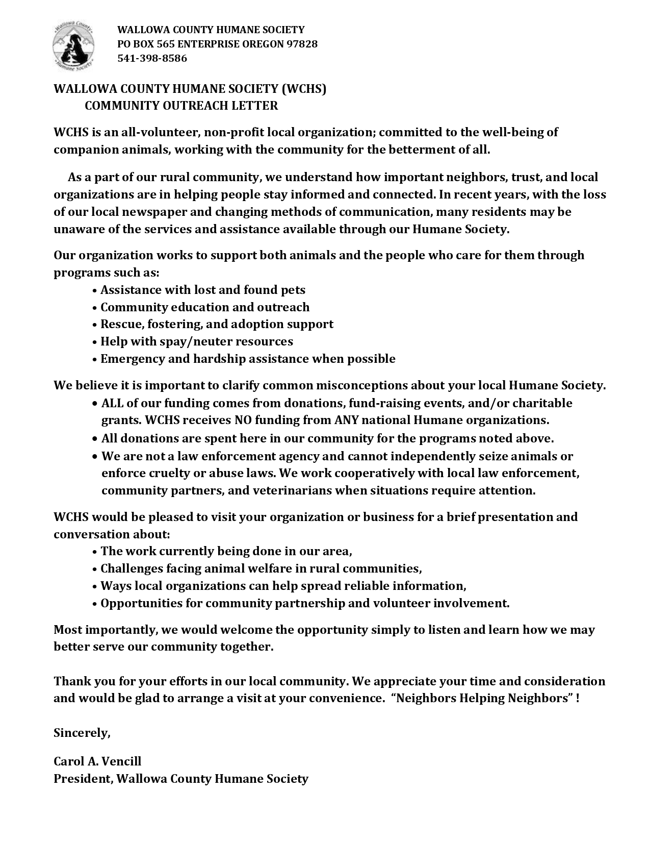 WCHS COMMUNITY OUTREACH LETTER